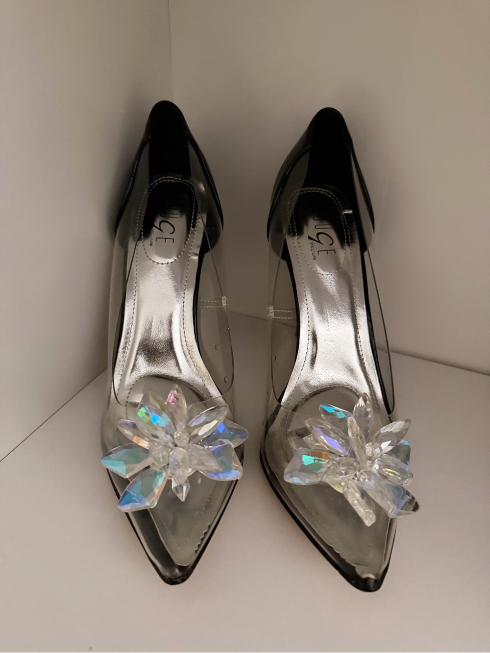 Rouge! Clear Pointed Toe Pumps with Iridescent Crystal Flower - Silver